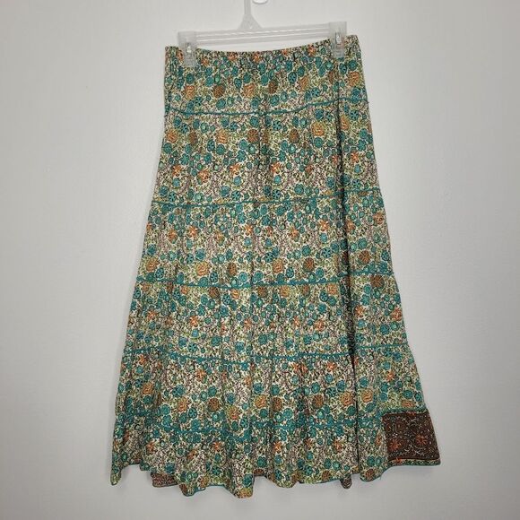 Ing earth tones floral pull on elastic waist boho Prairie tiered skirt size L - Picture 2 of 6